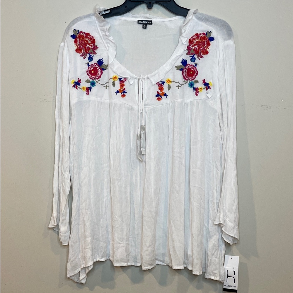 Hannah White Blouse with Red and Blue Embroidery